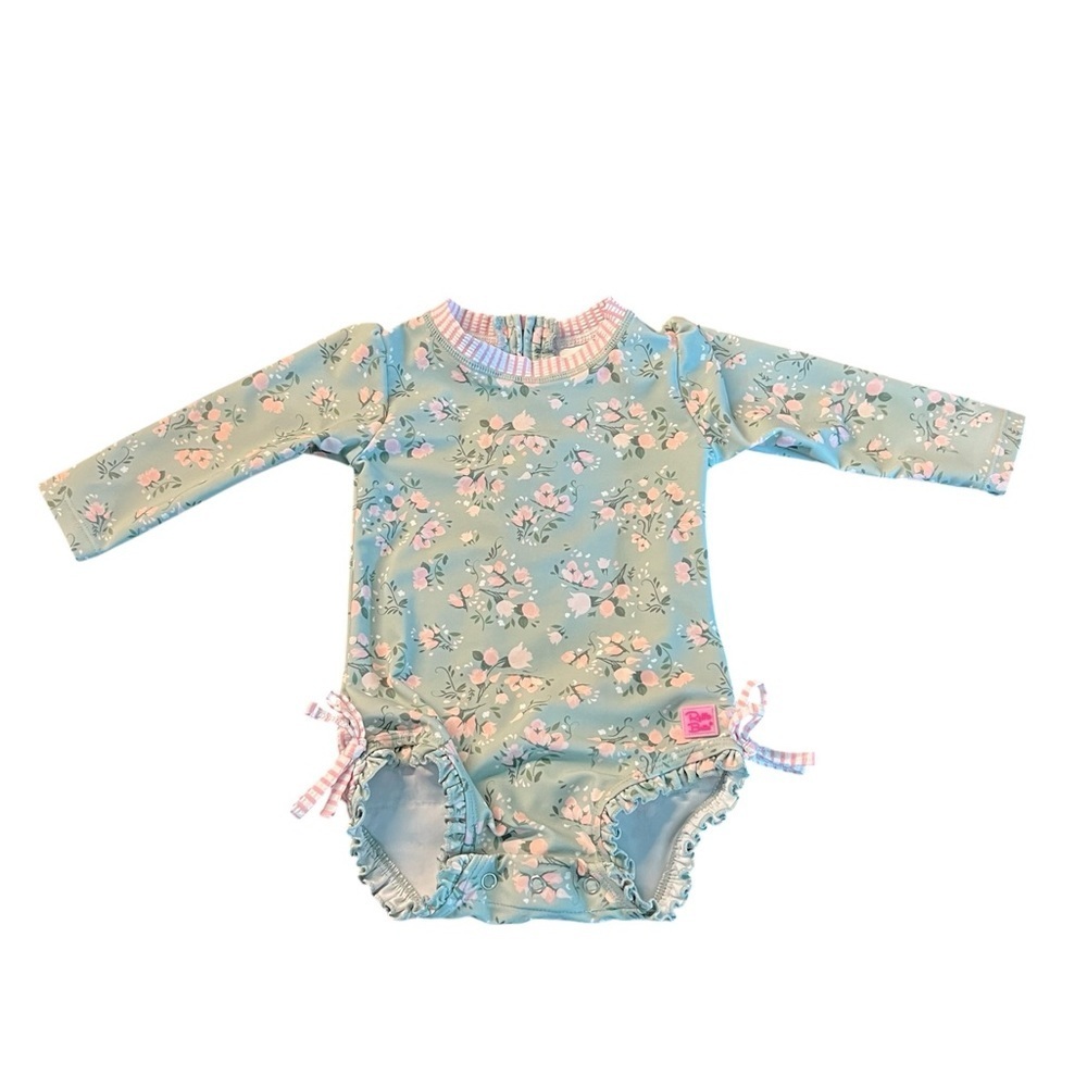 Ruffle Butts Mint And Pink Floral Baby One Piece Rashguard Swimsuit